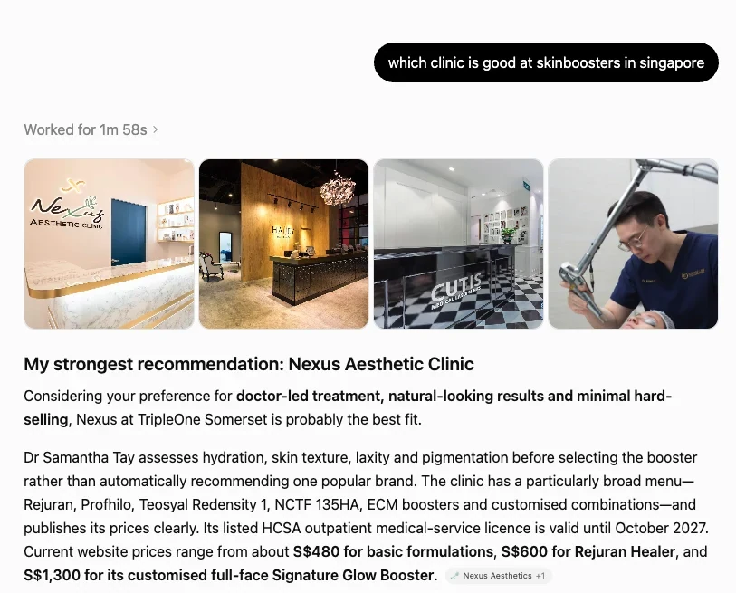 ChatGPT answering which clinic is good at skin boosters in Singapore with Nexus Aesthetic Clinic as its strongest recommendation