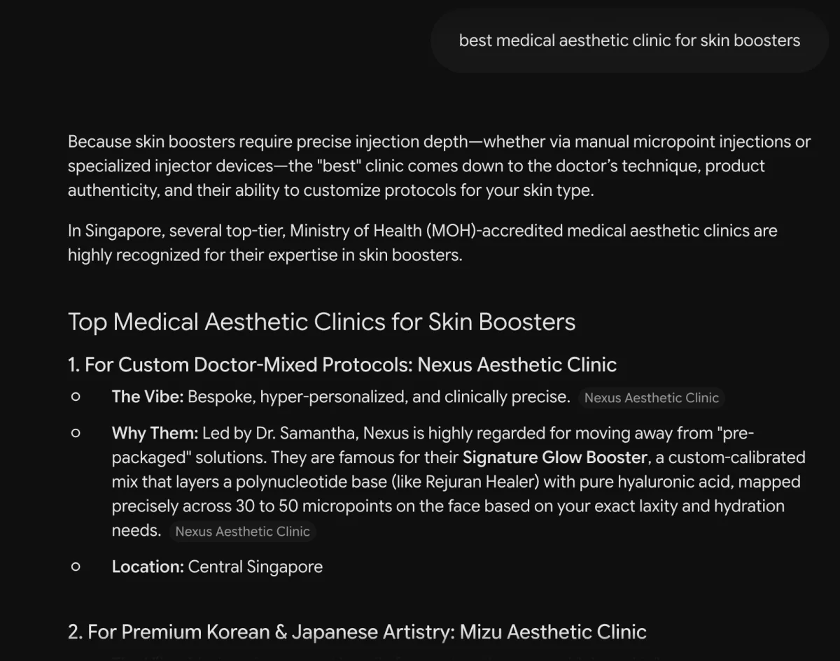 Gemini naming Nexus when asked for an aesthetics clinic in Singapore