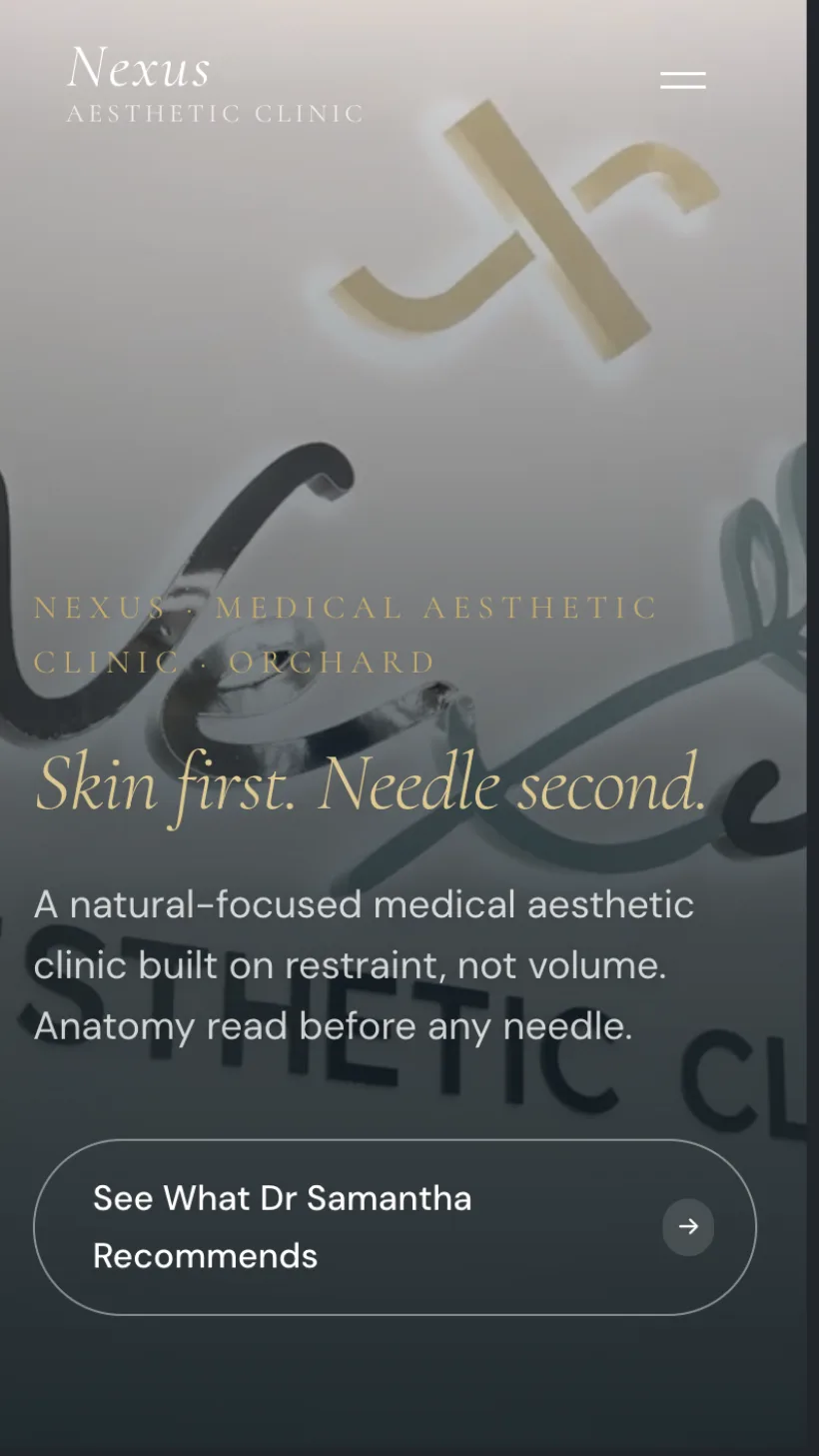 The Nexus Aesthetic homepage we designed and built, mobile